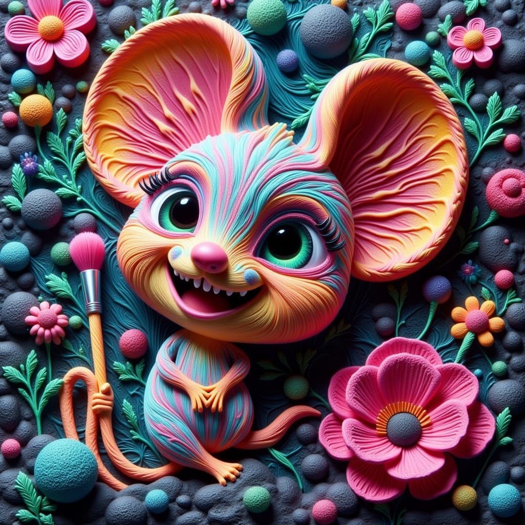Chibi Mouse in Vibrant Embossed Relief, Hand-Painted Plaster...