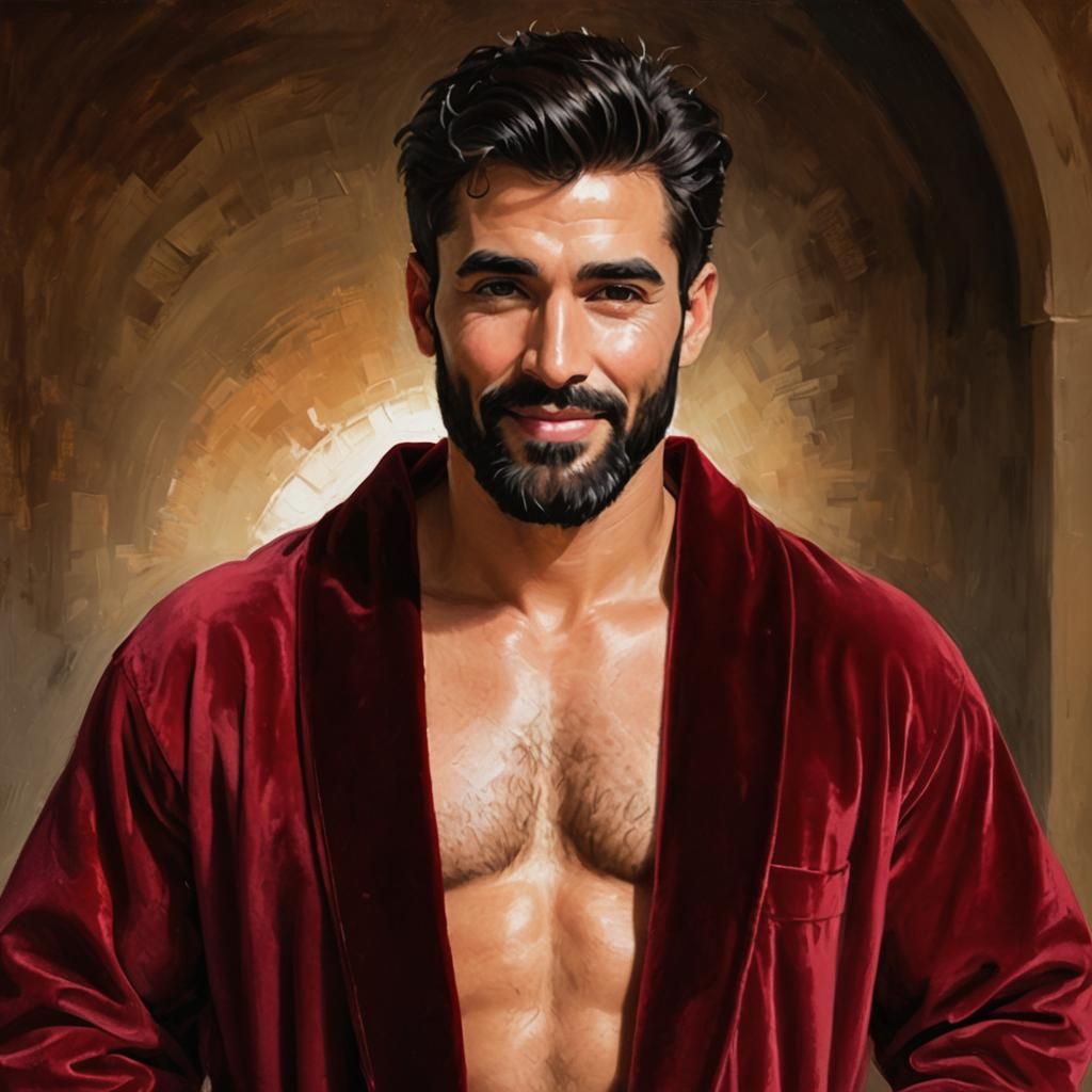 Handsome Man in Red Velvet Robe, Oil Painting