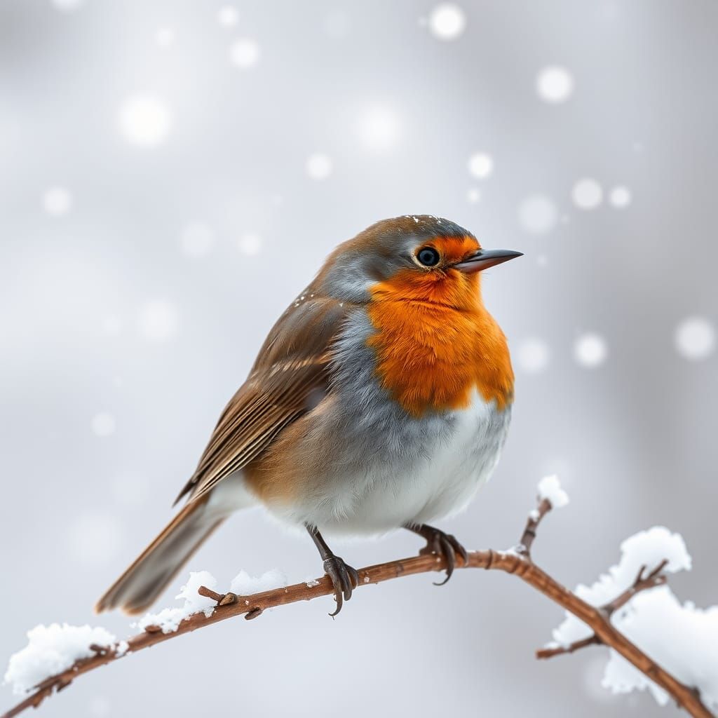 Winter Robin in Falling Snowflakes