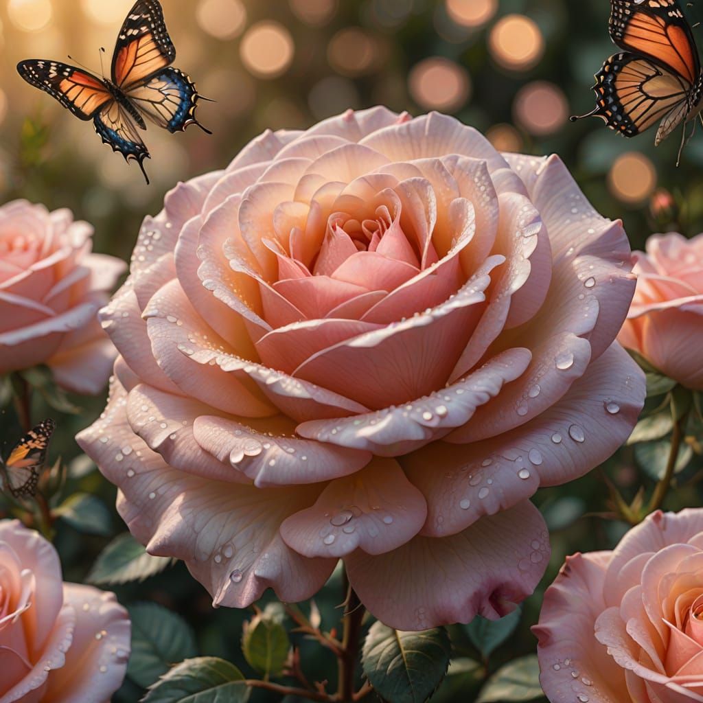 A Delicate Rose Blooms with a Vibrant Butterfly