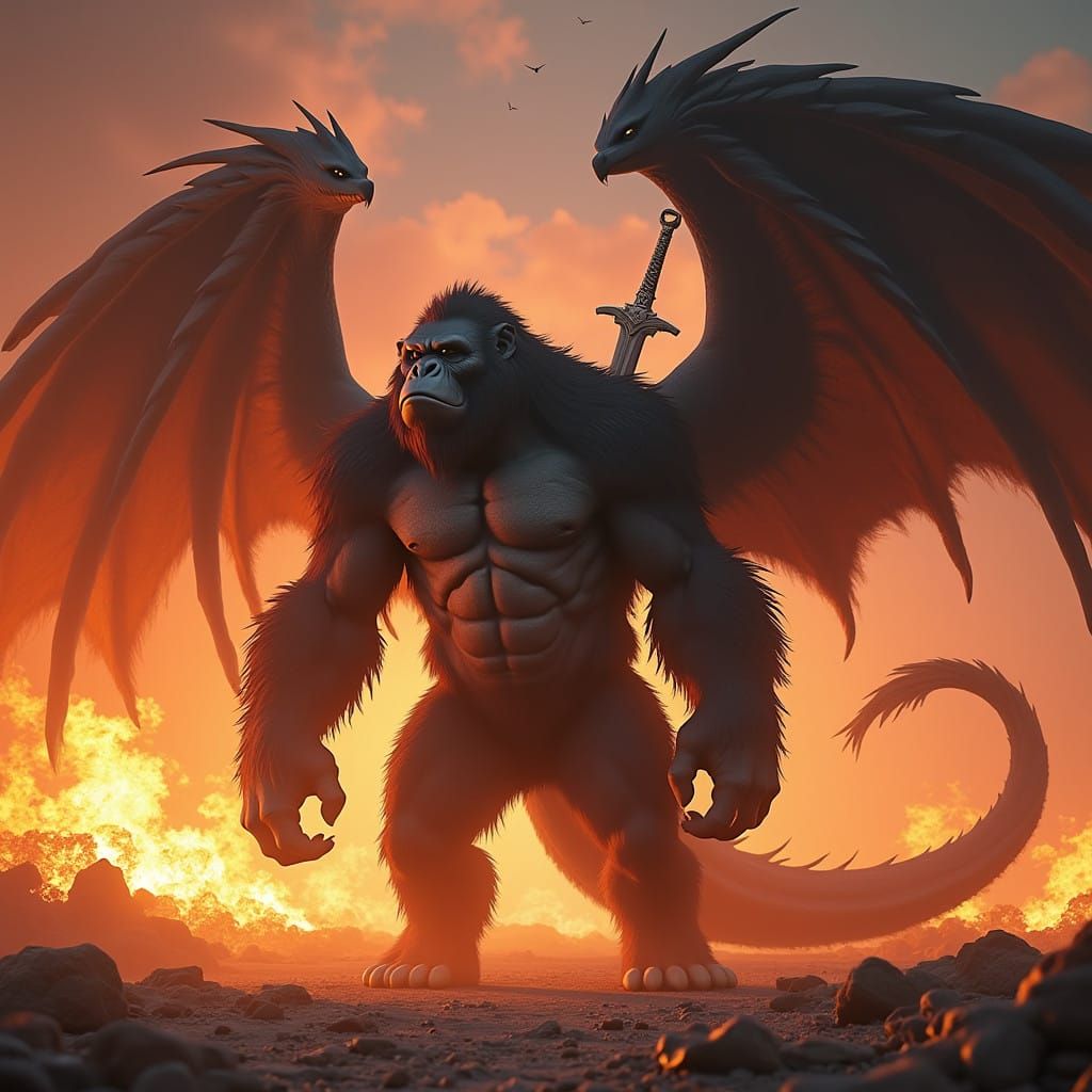 Gorilla Dragon Phoenix: Epic Dark Fantasy Creature with Wing...