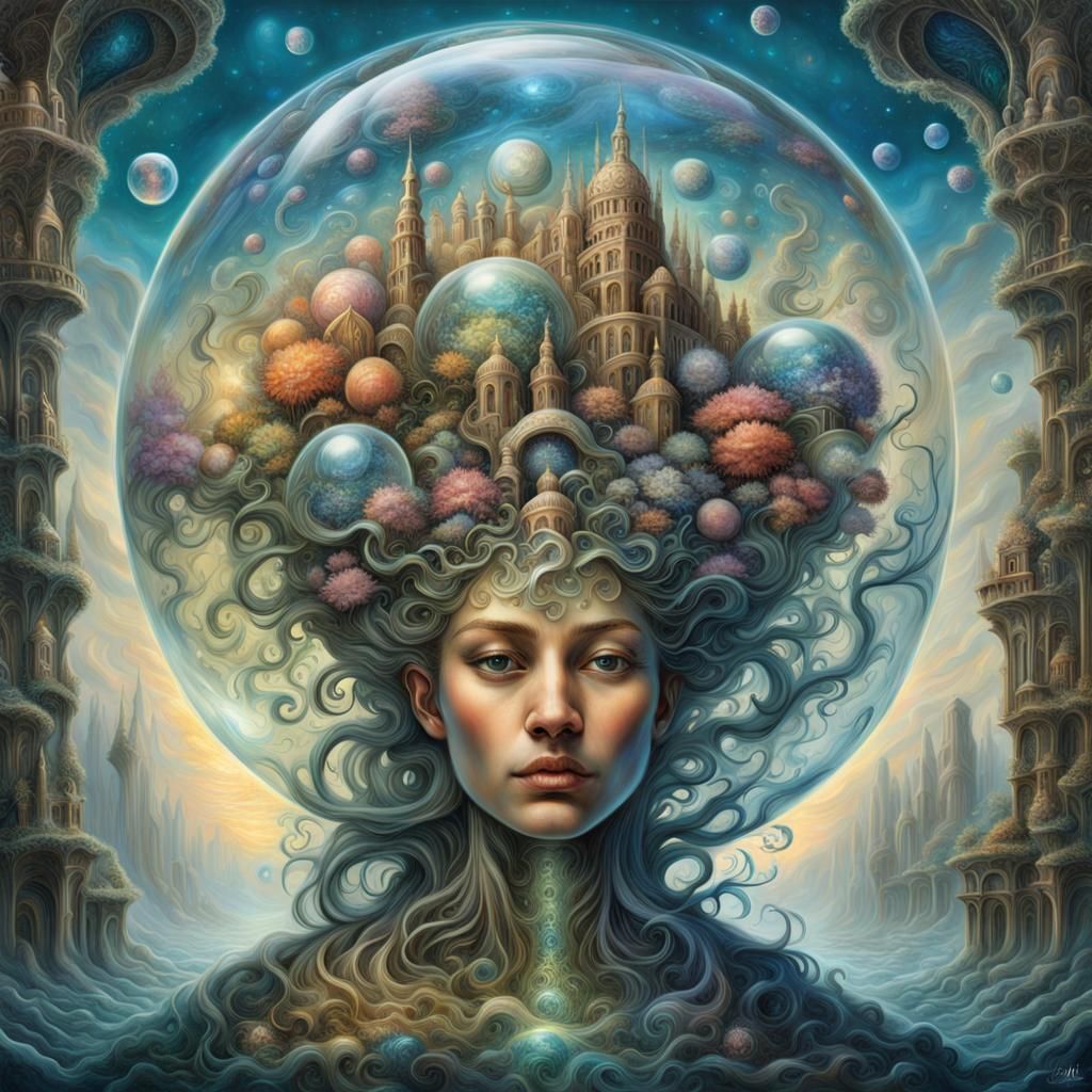 Surreal Writer's Imagination Bubble of Fantasy Worlds