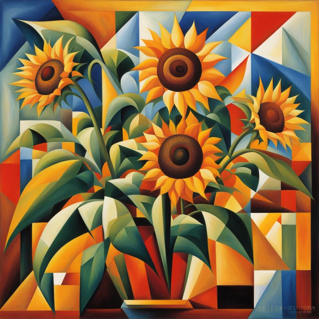 Abstract Cubist Sunflower Inspired by Albert Gleizes