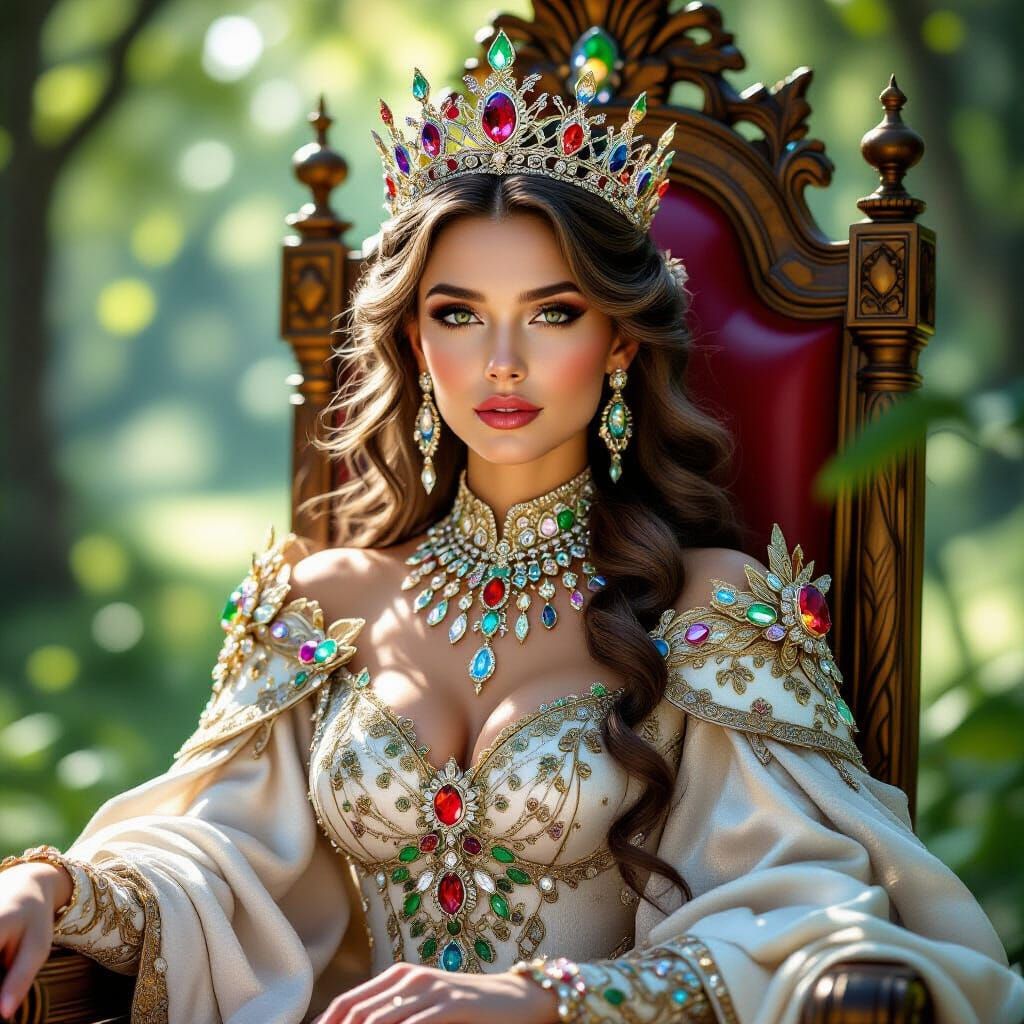 Regal Queen in Sun-Dappled Glade, Gemstone Crown