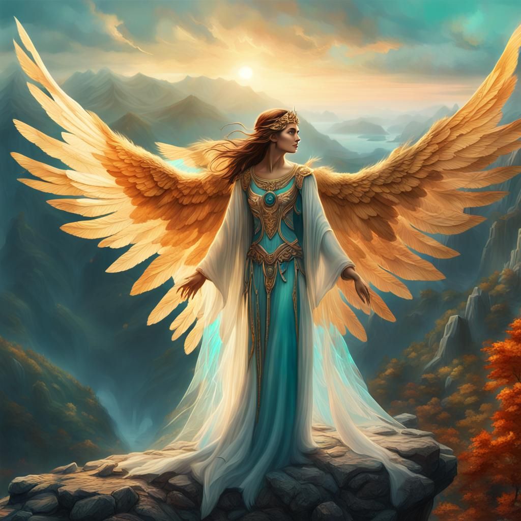 Female Angel on Mountain Cliff in Digital Art Style