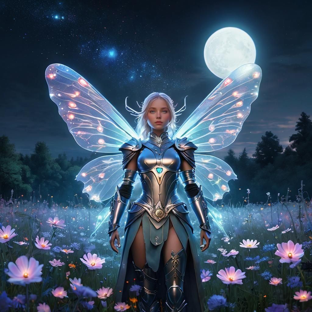 Brave Fairy in Silver Armor Under Starry Sky