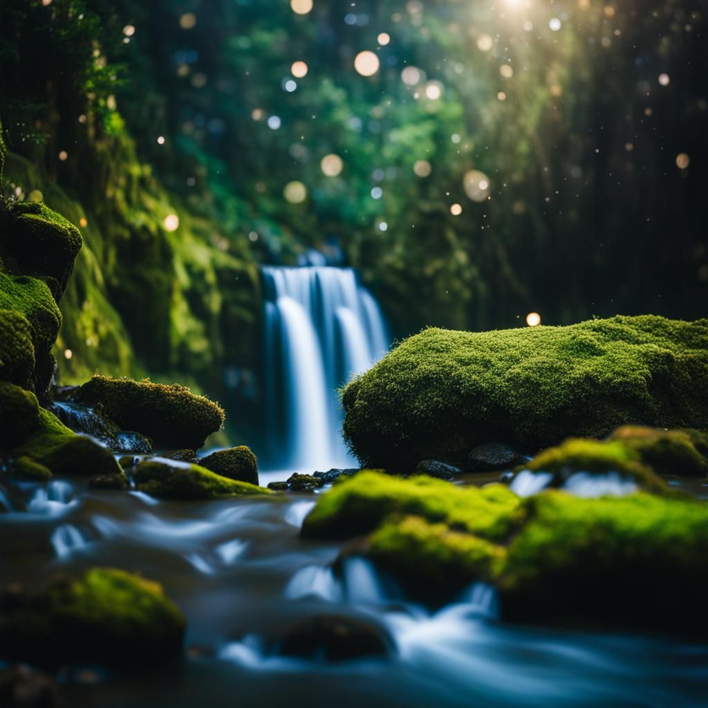 Celestial Waterfall Flowing Through Space with Blue Moss