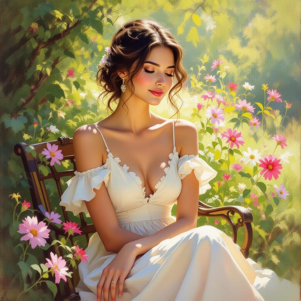 Elegant Woman in Summer Dress, Oil Painting