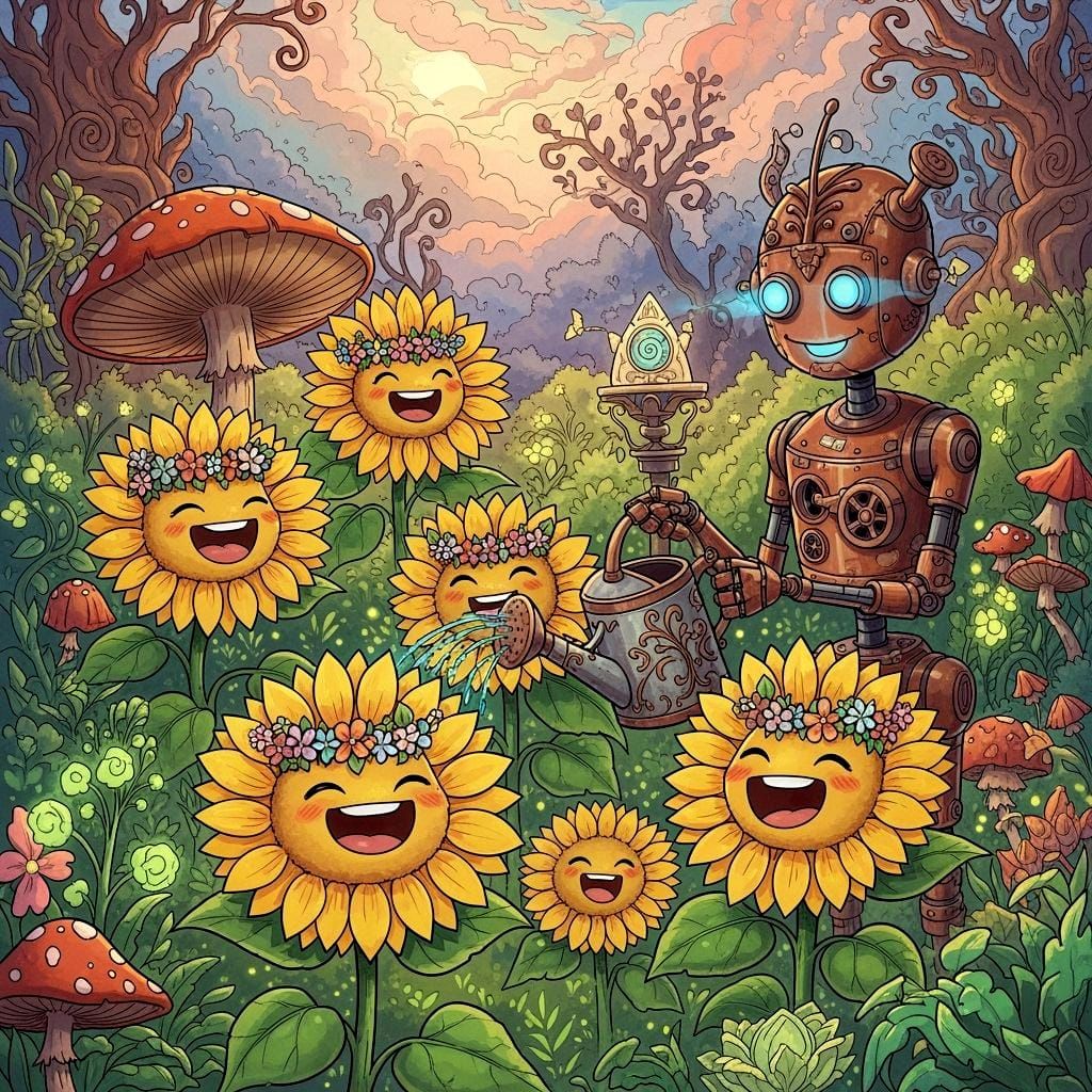 Whimsical Robot Gardener Waters Giggle Sunflowers