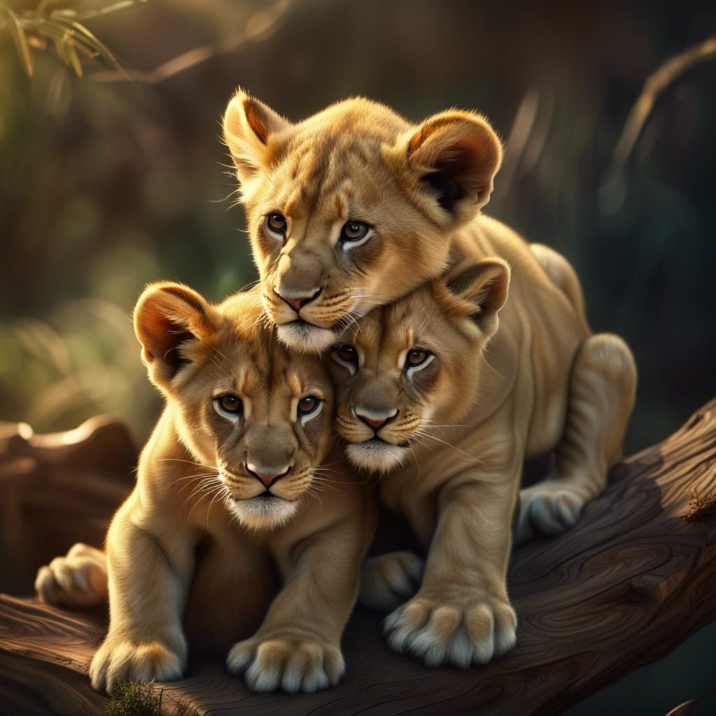 Whimsical Lion Cubs Embrace in Detailed 3D Render