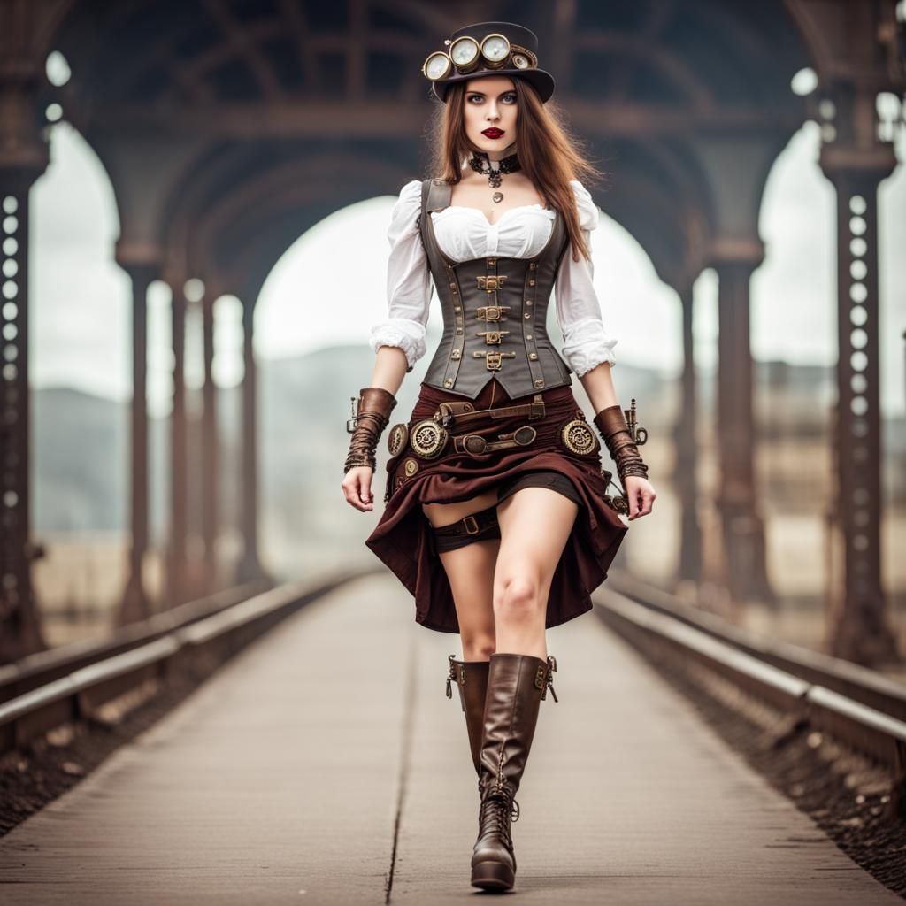 Steampunk Woman Walking with Mechanical Details