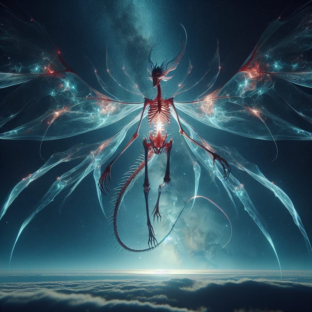 Ethereal Skeletal Dragon in Starry Night Sky