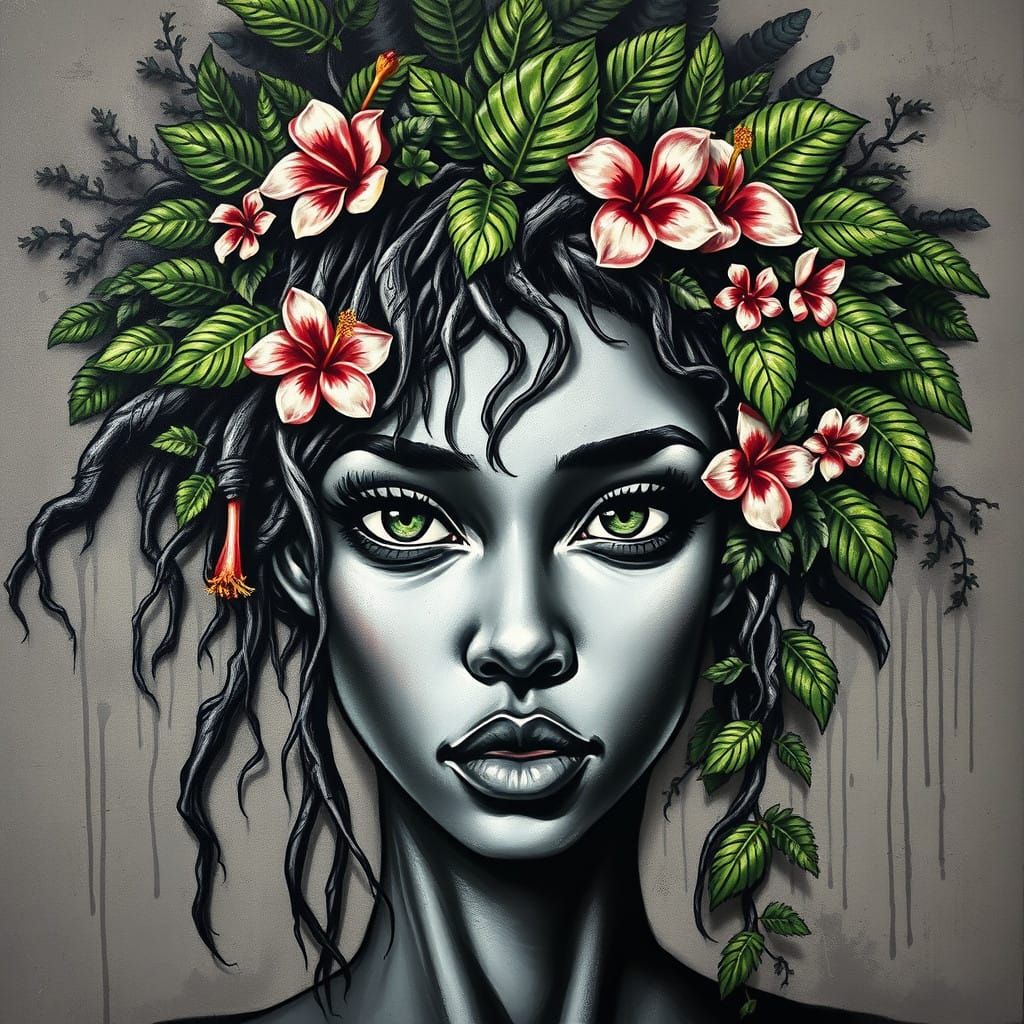 Vibrant Caribbean Woman with Tropical Hairstyle in Monochrom...