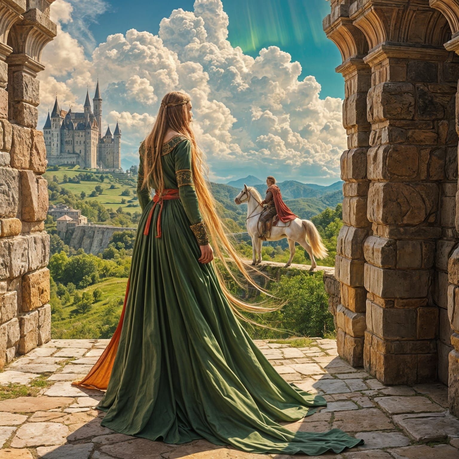 Medieval Princess Kriemhild in Green Velvet Gown, Oval Face,...