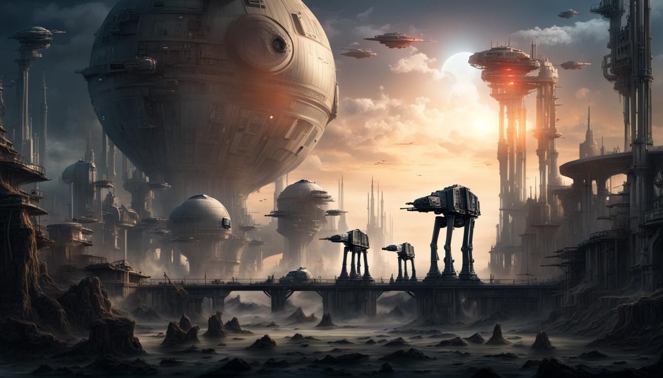 Steampunk Death Star and AT-AT Cinematic Painting