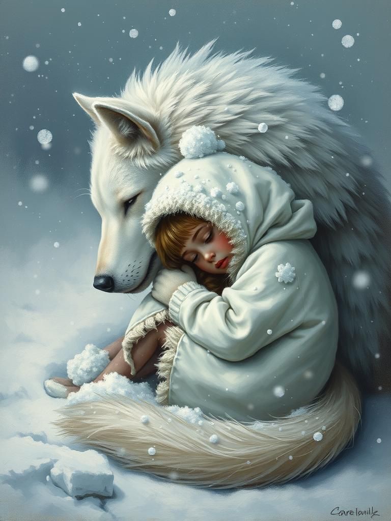Girl and Wolf in Blizzard, Oil Painting