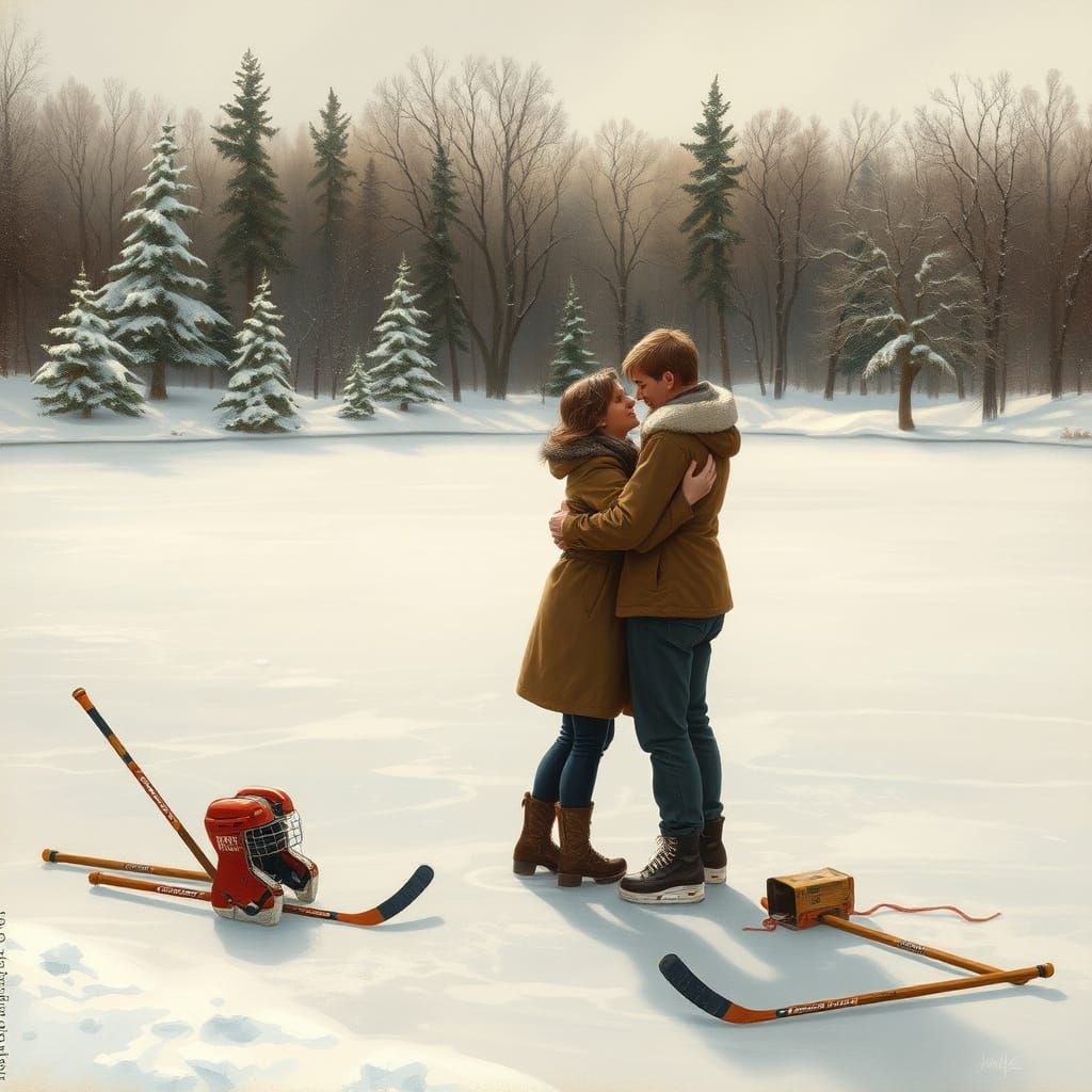 Romantic Embrace on a Frozen Pond
