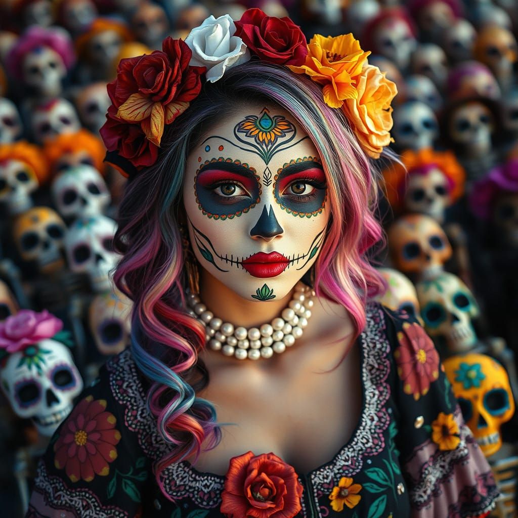 Vibrant Dia de los Muertos Goddess in Whimsical Calavera Rea...