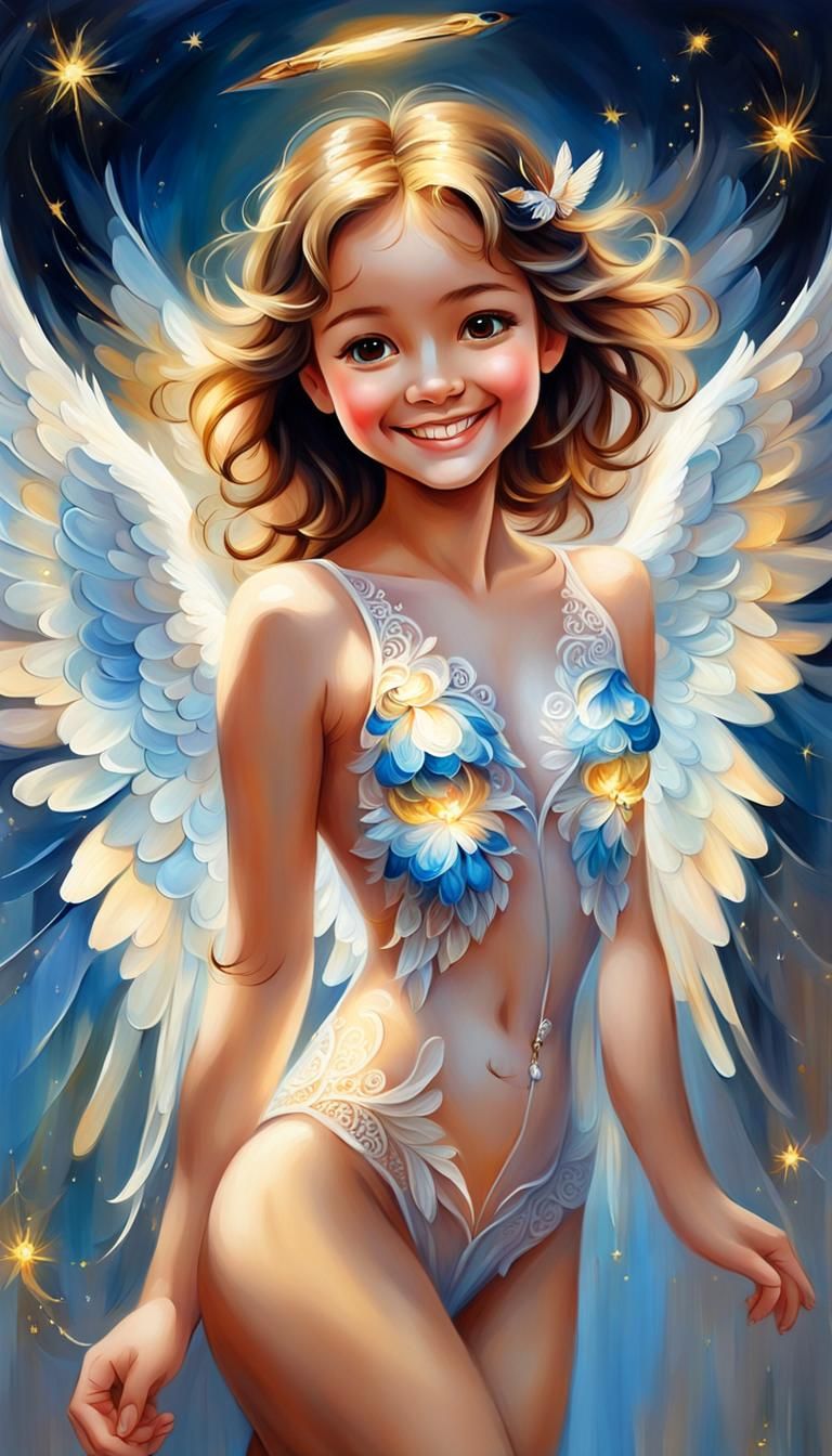 A very beautiful angel, smiling face, very cute and adorable, with the translucent shining and intricate wings, unclad 1...