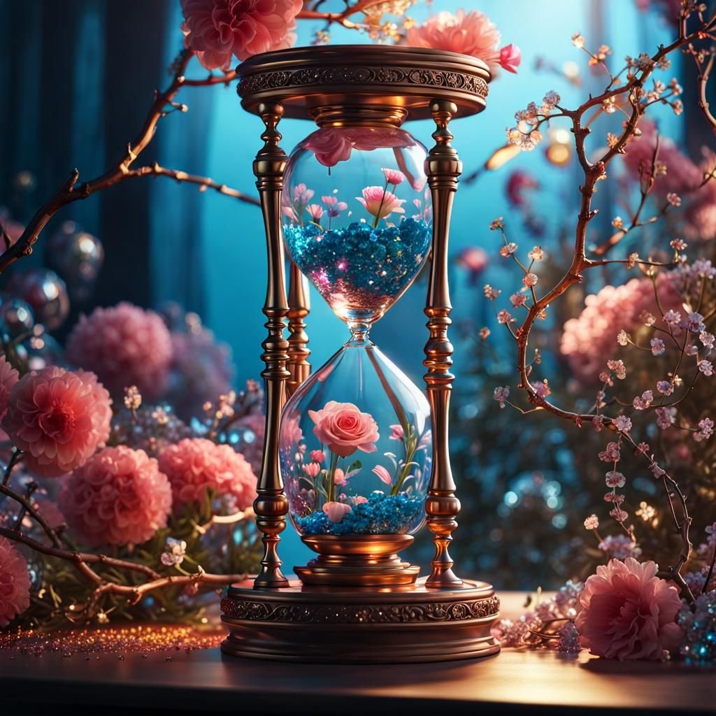 Delicate hourglass dripping human soul they crystal glass, glitter, amongst flowers on branch, complex 3d render ultra d...