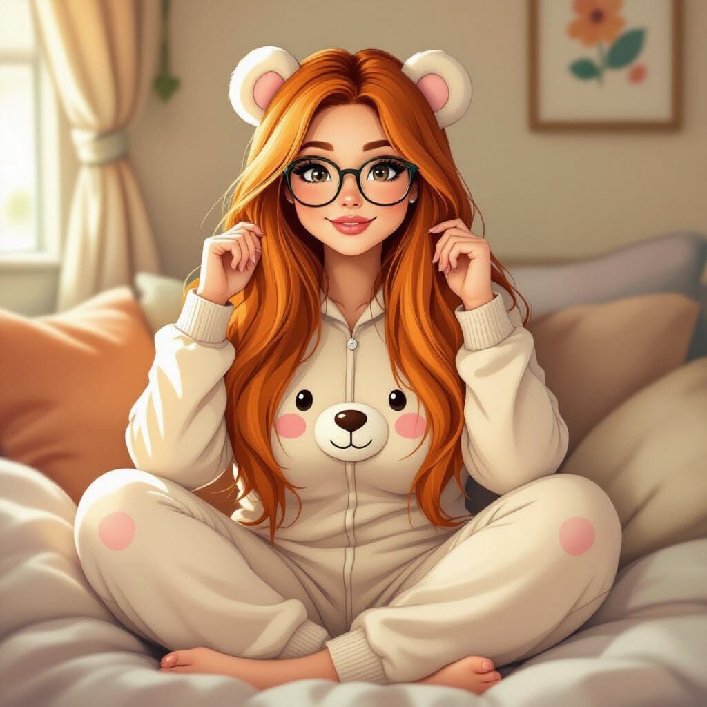 Woman in Teddy Bear Onesie in Illustrative Style