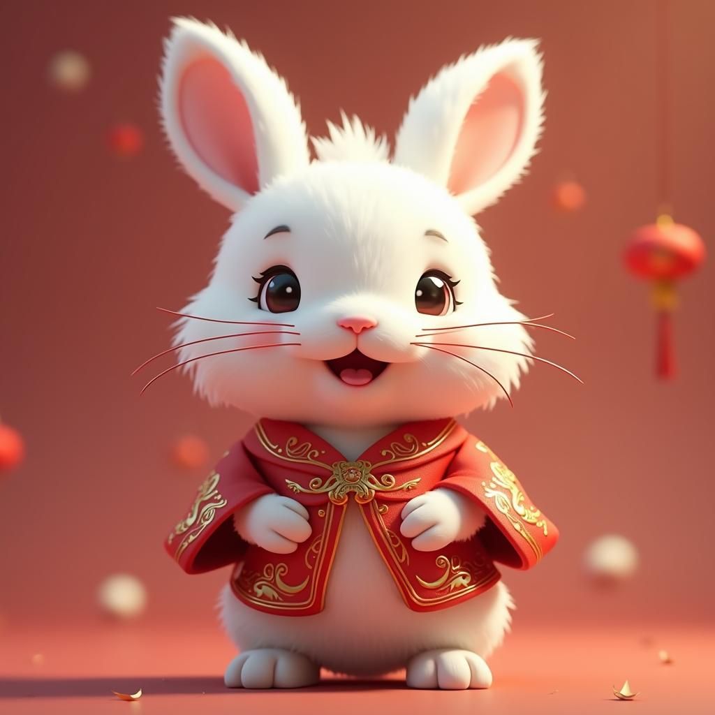 Adorable White Rabbit in Red and Gold Anime Style