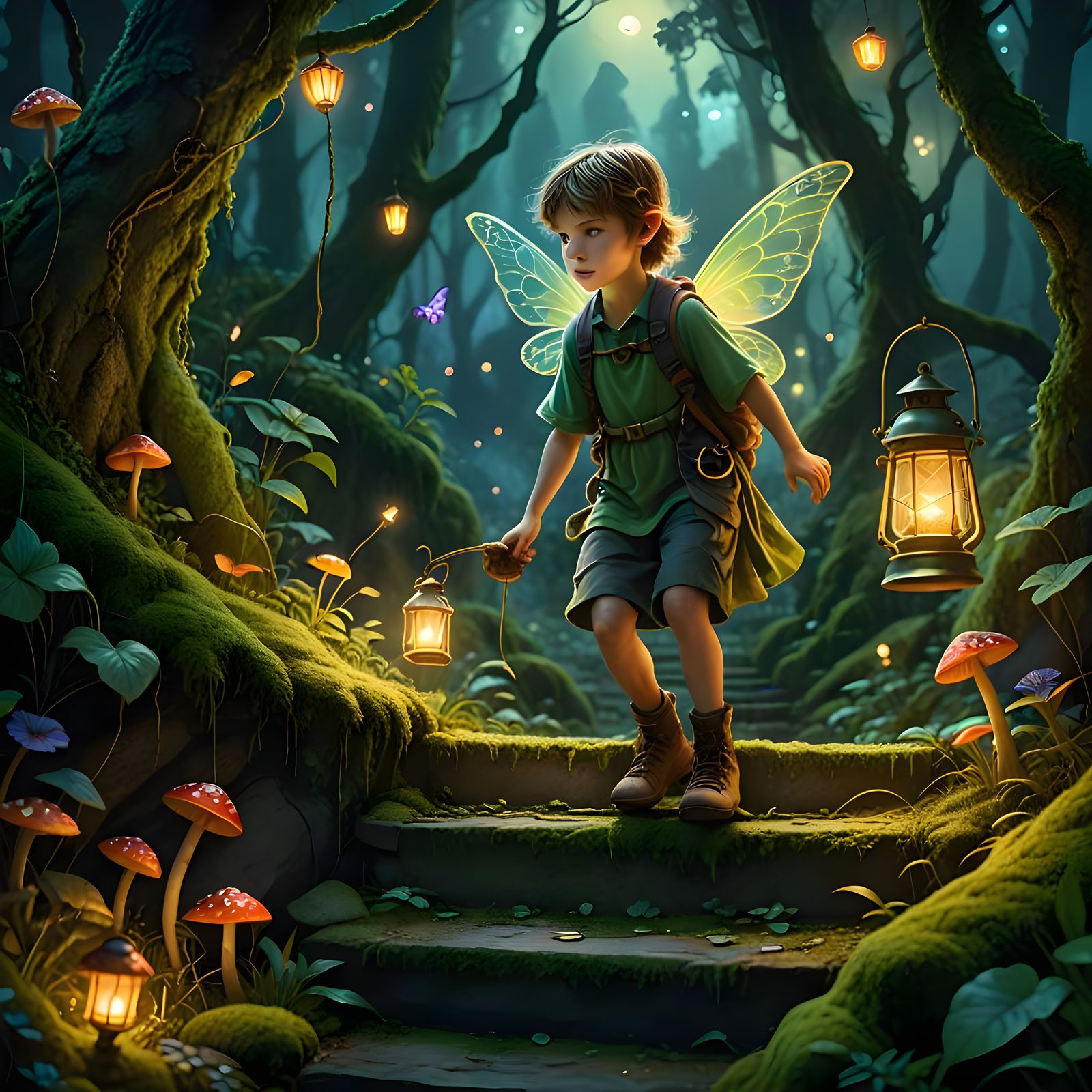 Enchanted Forest Staircase with Fairy and Child