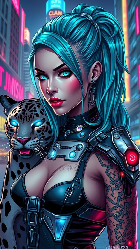 Cyberpunk Queen and Leopard in Neon Cityscape