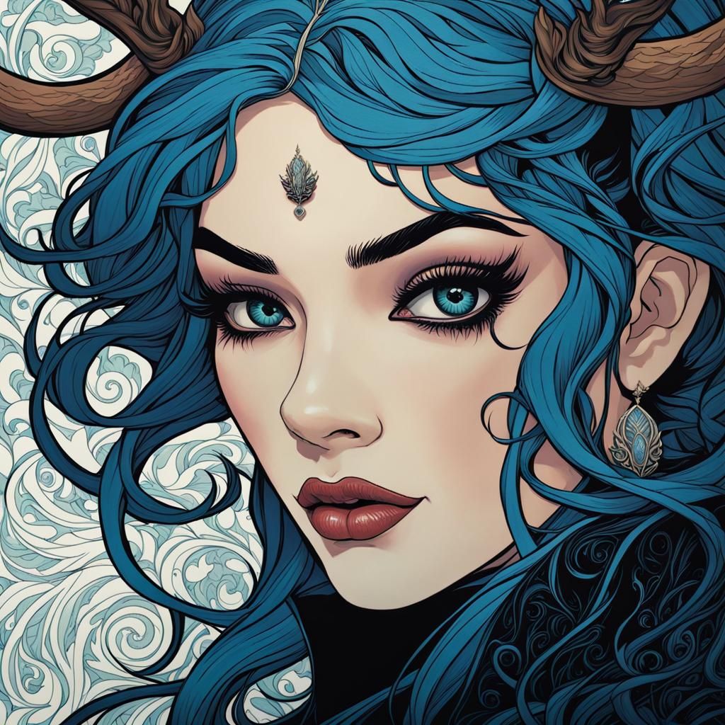 Spider-Eyed Girl with Antlers in Art Nouveau