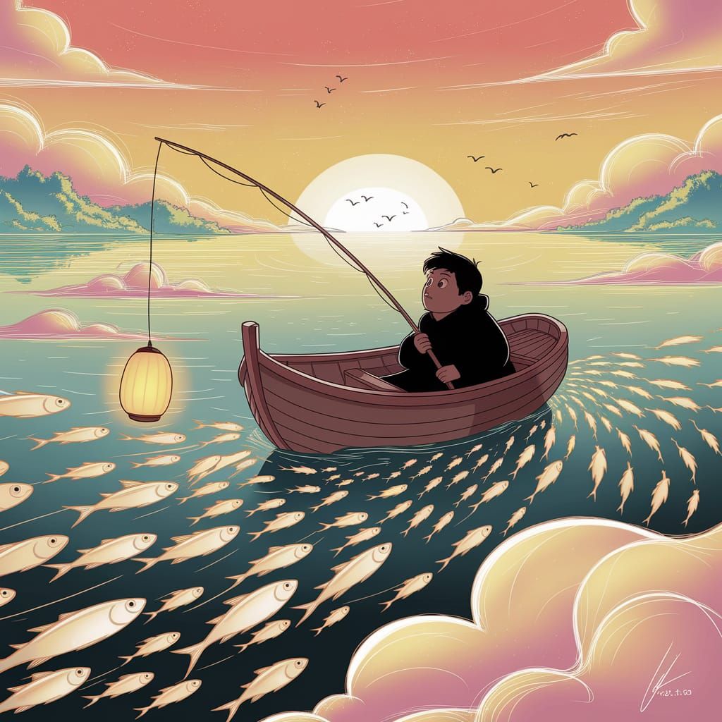 Whimsical Angler in Cloud Boat with Lantern Fish