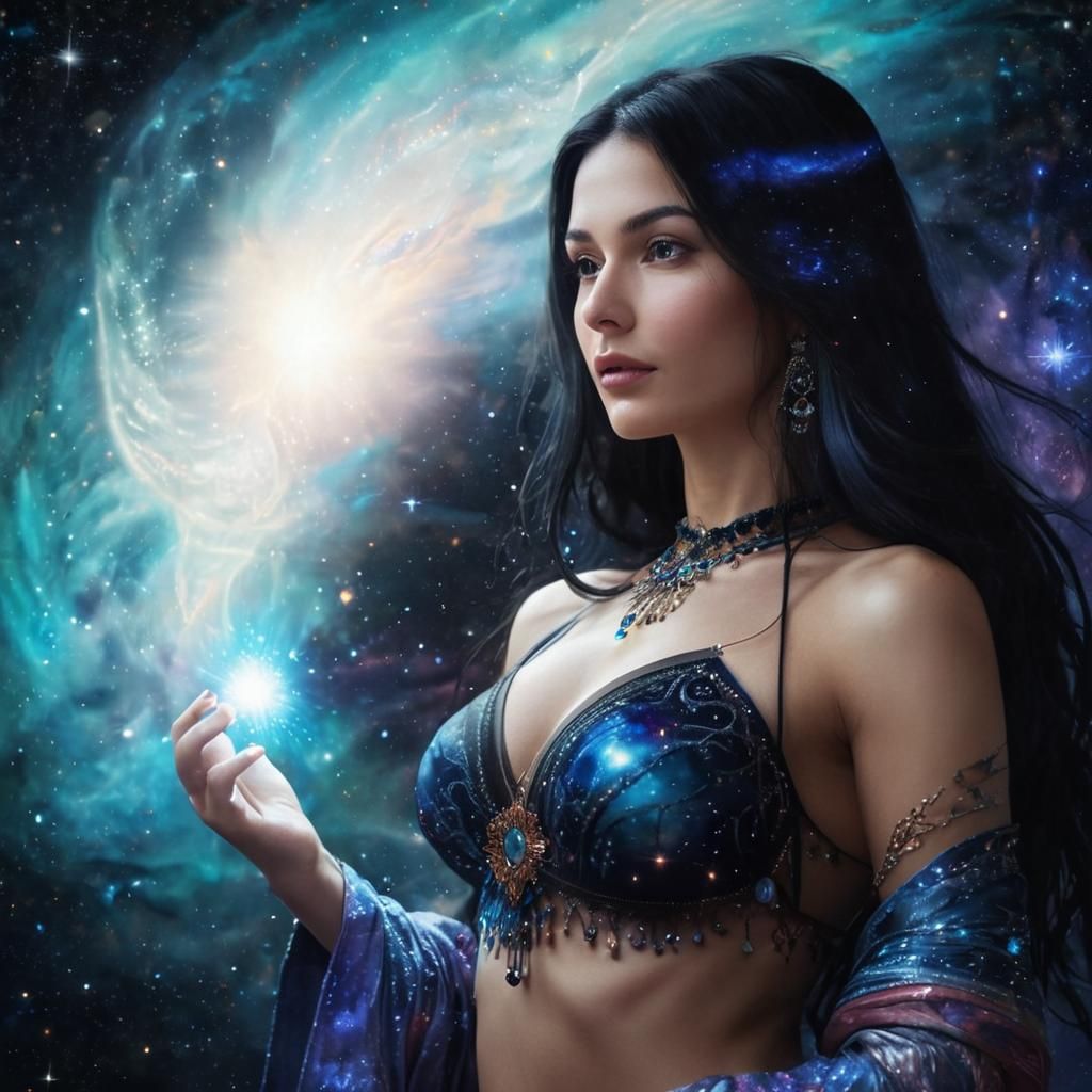 Woman in Space with Intricate Patterns in Visionary Style