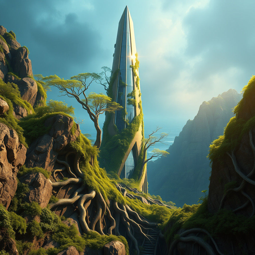 Modern Skyscraper Merged with Nature, Fantasy Concept Art