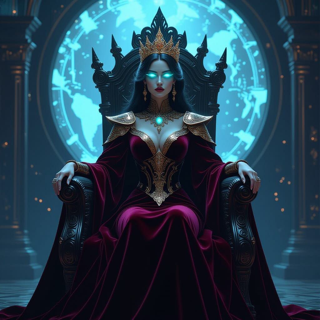Cybernetic Queen on Chrome Throne in Opulent Throne Room