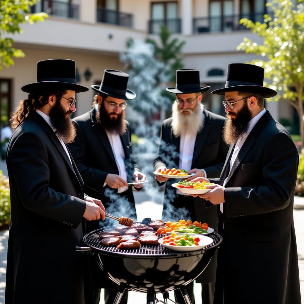Hasidic Men Barbecuing in Hotel Courtyard