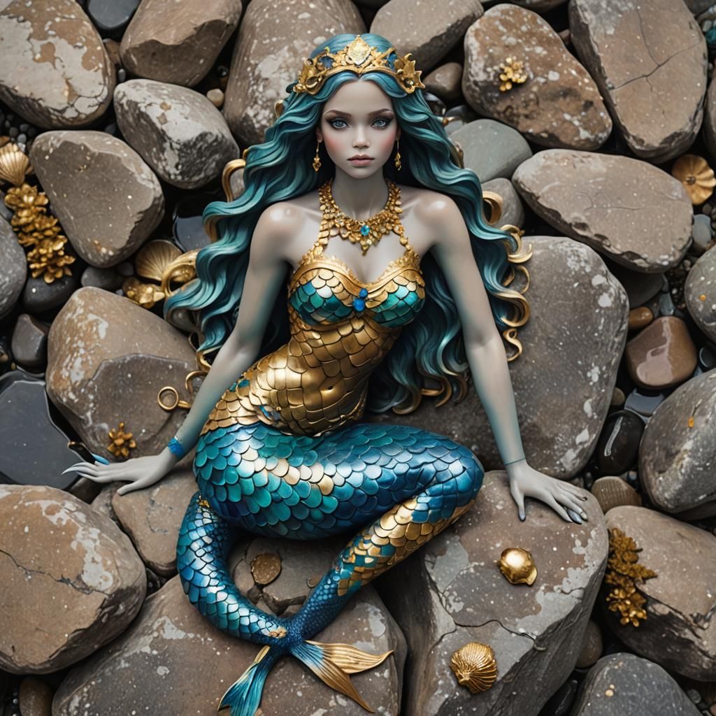 Mermaid with Gold and Blue Scales on Rock