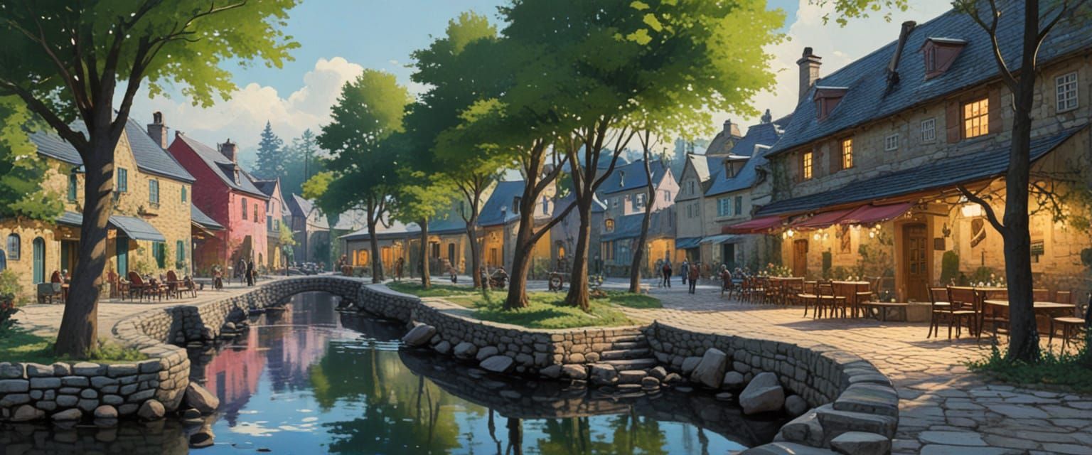 Stone Factories and Creek in Comic Book Style