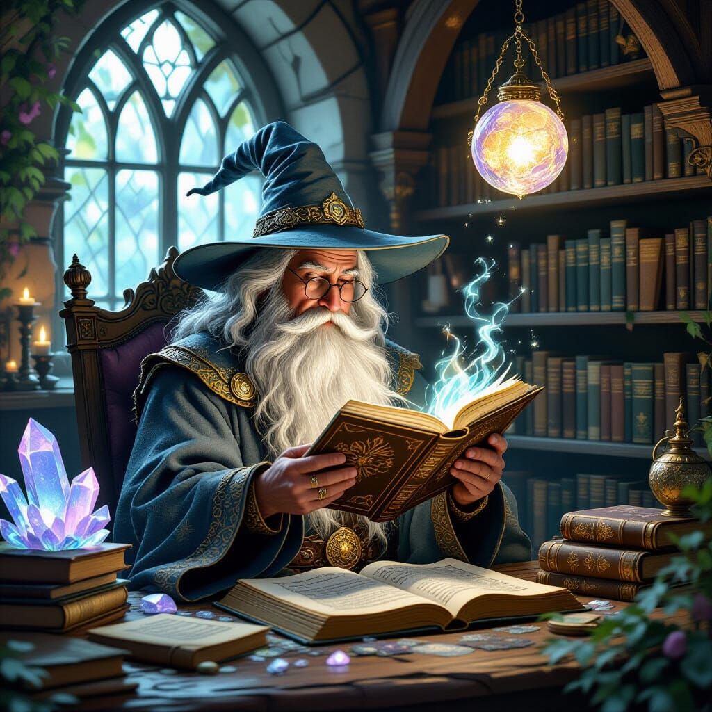 Magical Wizard Study with Glowing Crystals, Fantasy Art