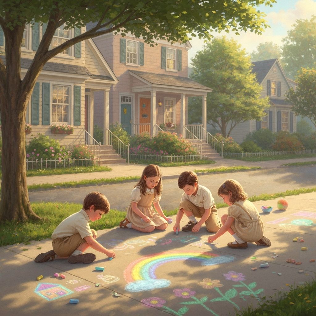 Children Drawing Chalk Art on Sunny Sidewalk