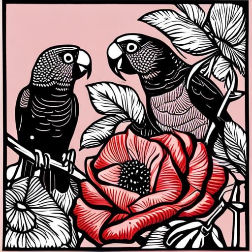 Lorikeets and Poppies: Linocut Pop Art Print