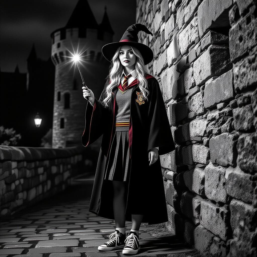 Cosplay Witch in Hogwarts Uniform at Castle Night