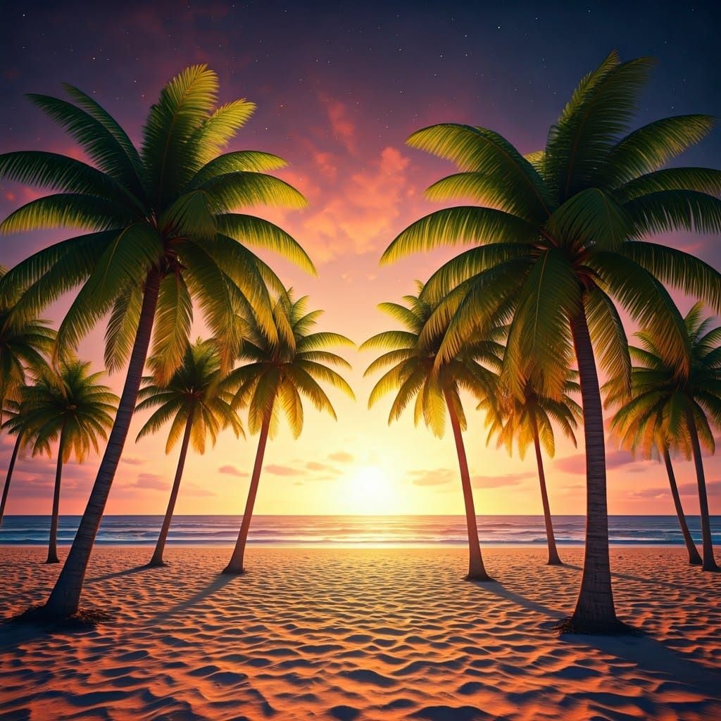 Palm Trees at Sunset: Cosmic Digital Art