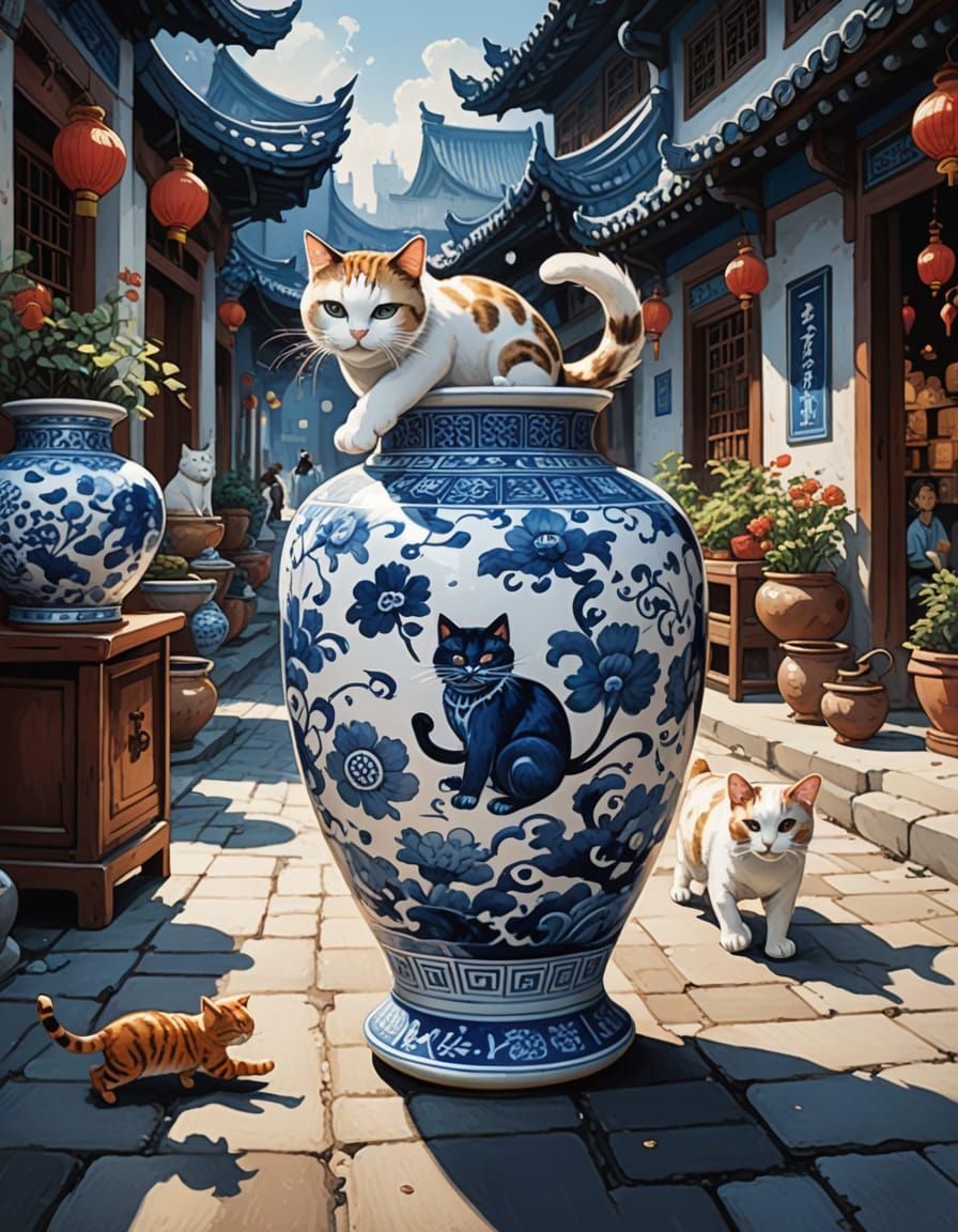 Cat Chasing Porcelain Vase in Vibrant China Market