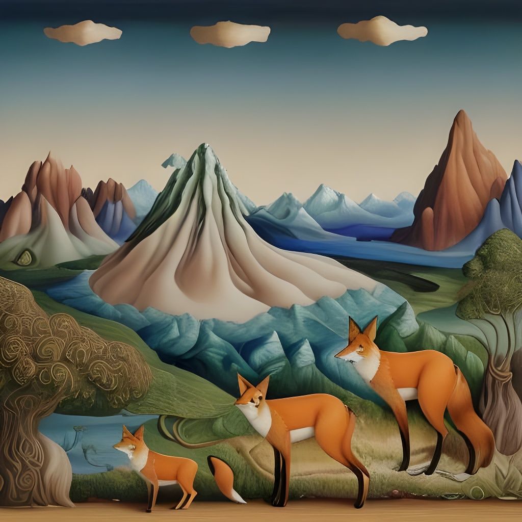 Surreal Fox Family in Forest Landscape