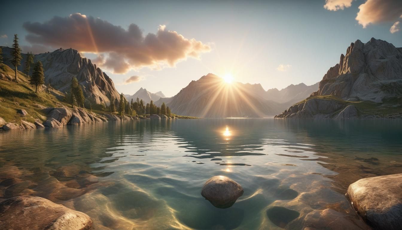 Mountain Lake Sunset: Photorealistic 3D Render