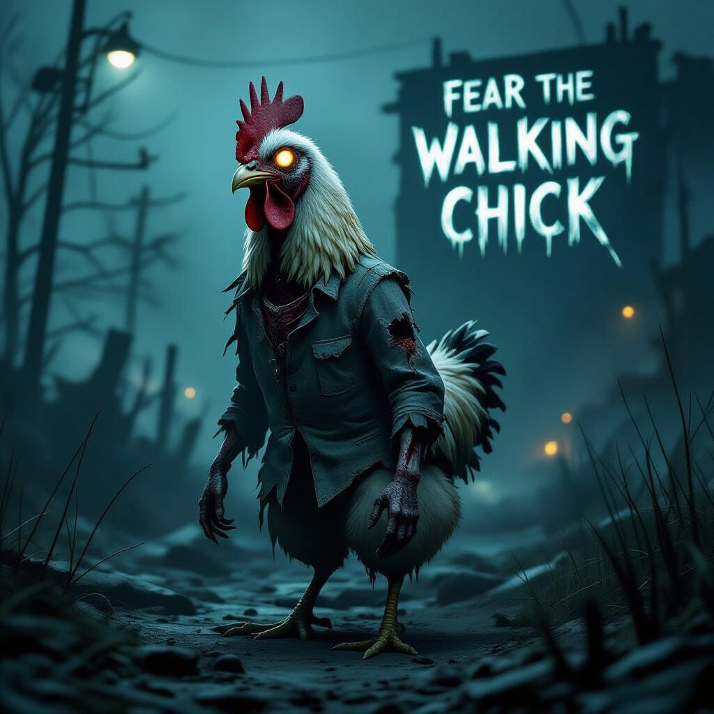 Zombie Chicken in Foggy Post-Apocalyptic Landscape