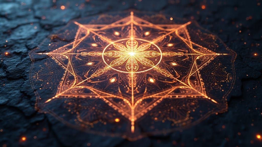 Glowing Geometric Pattern on Dark Surface, Abstract Calm