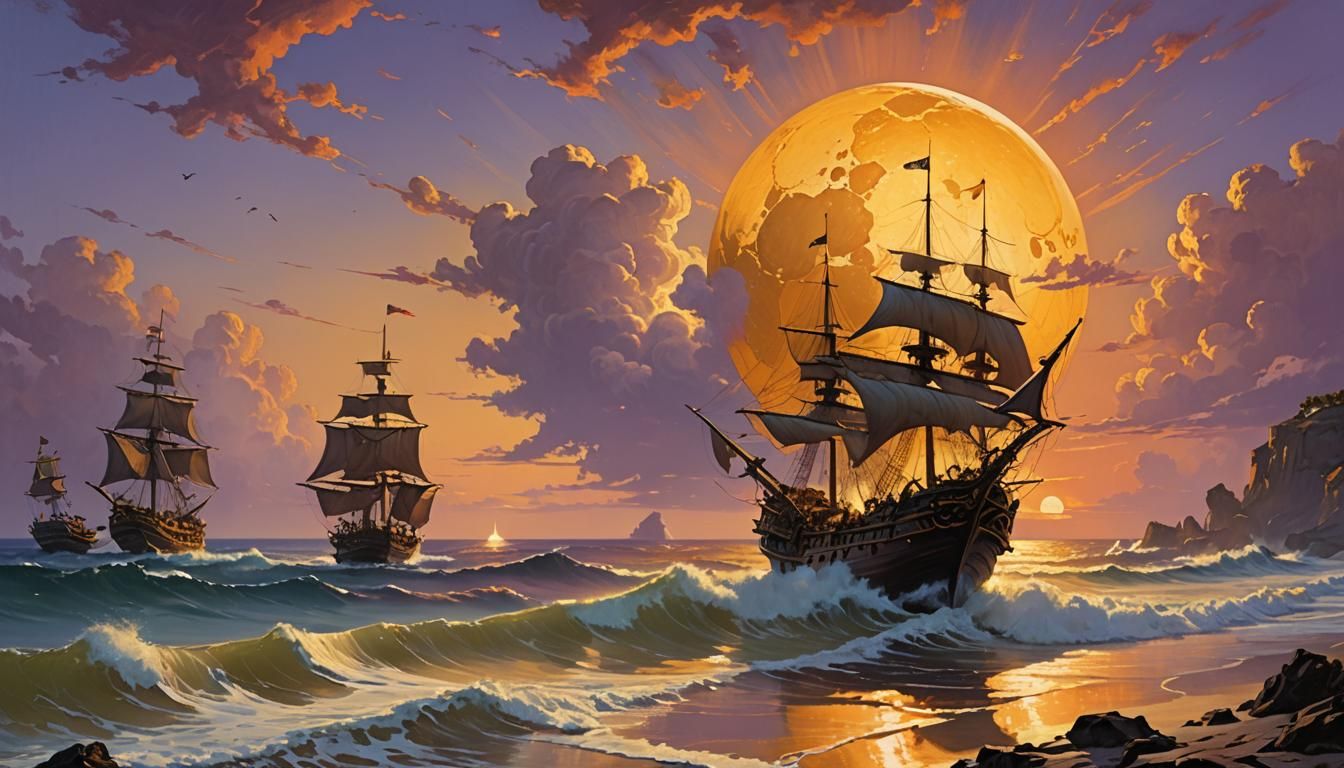 Golden Soccer Ball Towed by Pirate Ship, Frazetta Style