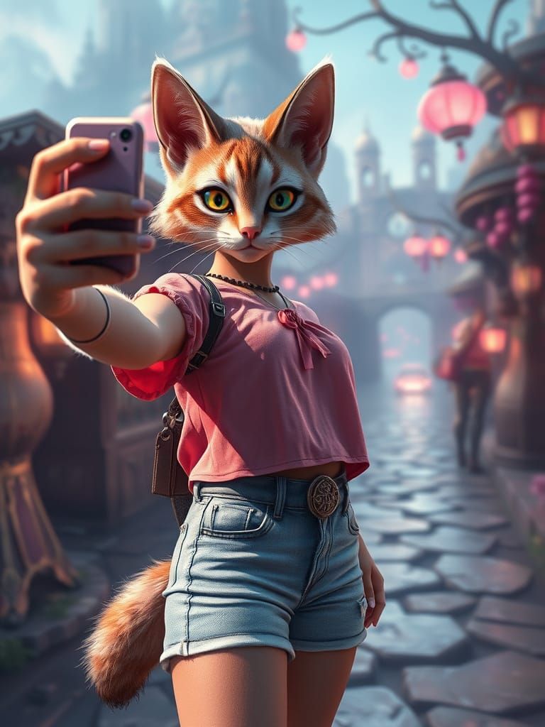 Anthropomorphic Cat Selfie in Magical Setting