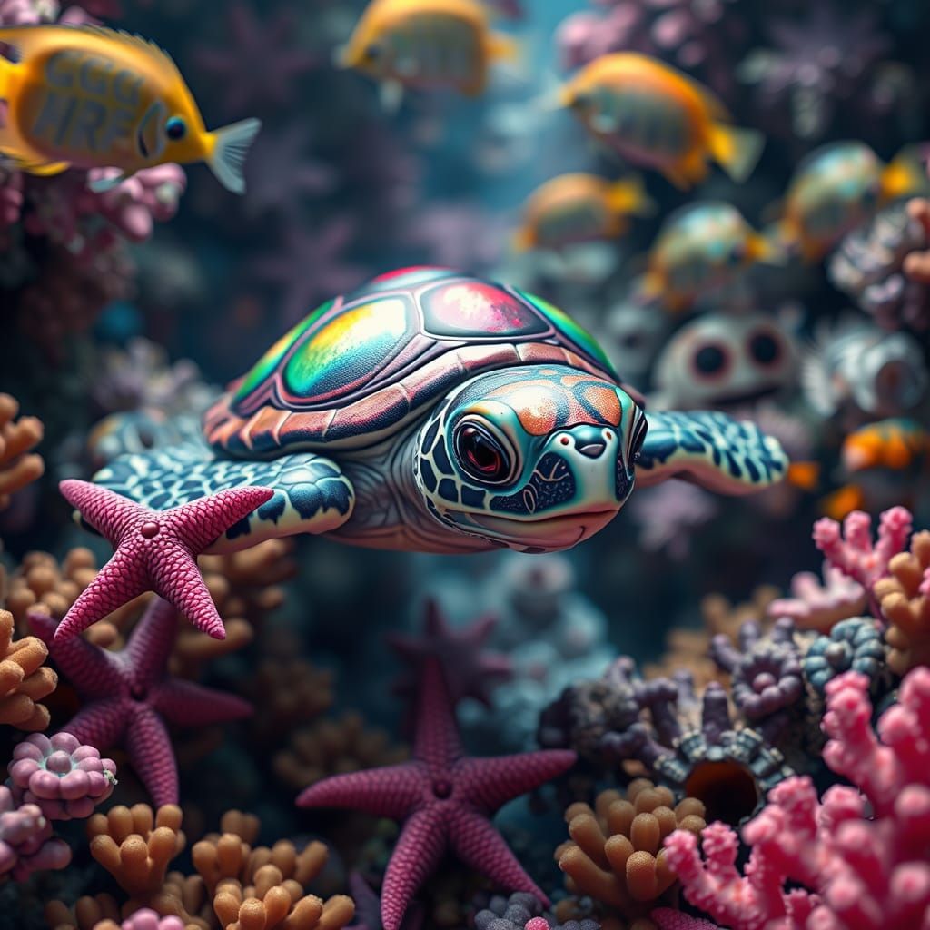 Coral Reef Scene with Turtle and Starfish