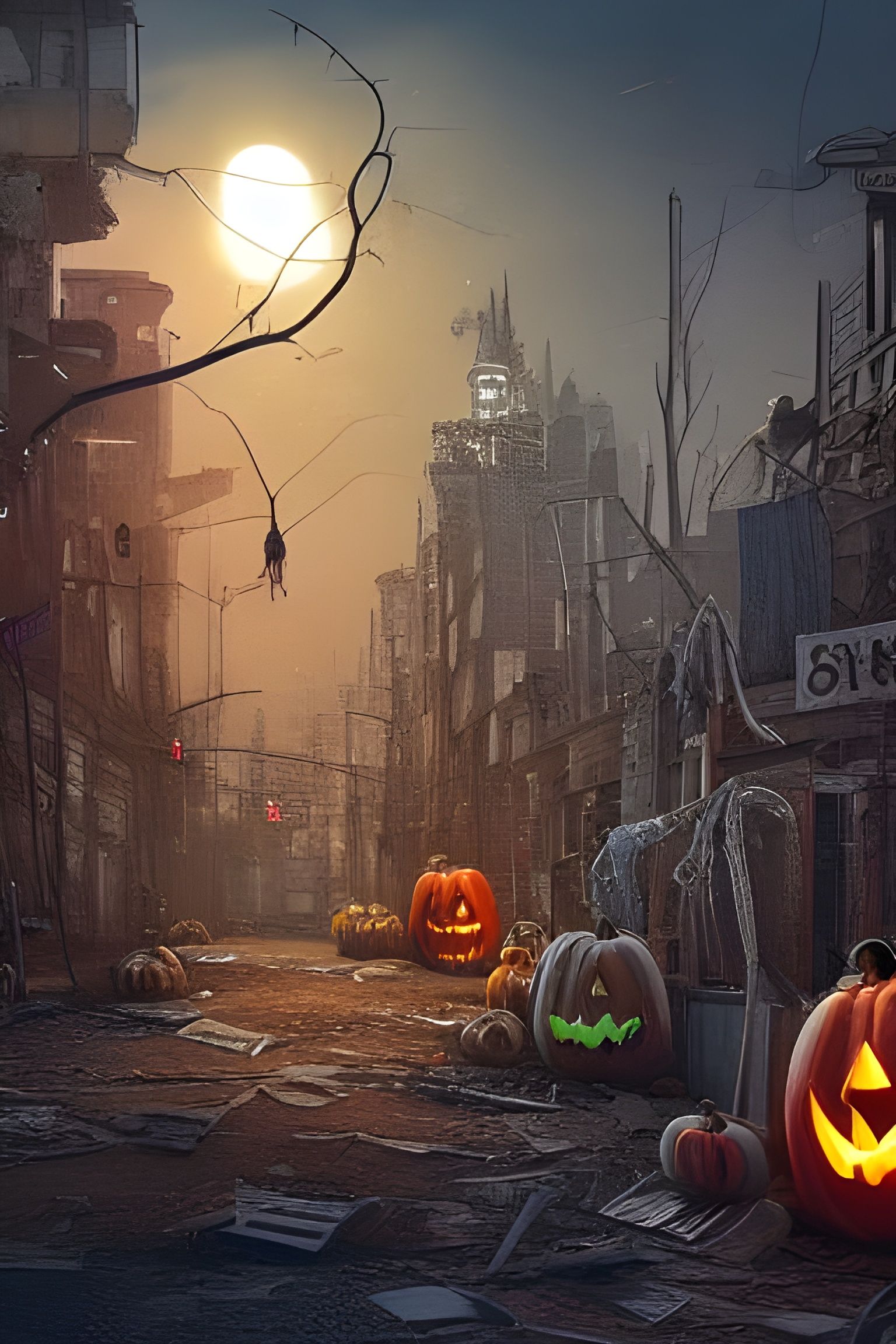 Post-Apocalyptic City with Halloween Decorations